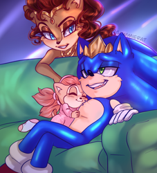 Size: 3377x3717 | Tagged: safe, artist:lilredgummie, sally acorn, sonia acorn, sonic the hedgehog, chipmunk, hedgehog, 2022, adult, artist name, couch, crown, cute, english text, father and child, father and daughter, female, hugging, indoors, king sonic, leaning, looking at each other, male, open mouth, parent and child, parent:sally, parent:sonic, parents:sonally, queen sally acorn, sally x sonic, shipping, sitting, sleeping, smile, straight, tiara, toddler, trio