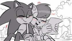 Size: 1920x1080 | Tagged: safe, artist:twincubcakes, sally acorn, sonic the hedgehog, chipmunk, hedgehog, 2026, black and white, blushing, cute, daytime, duo, english text, eyes closed, female, forest, happy, holding something, leaning on them, male, open mouth, open smile, paper, paperwork, sally x sonic, sally's ringblader outfit, shipping, sitting, sketch, smile, straight