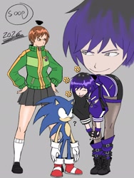 Size: 1536x2048 | Tagged: safe, artist:superguy551, sonic the hedgehog, human, 2026, bending over, chie satonaka, crossover, crossover shipping, eyes closed, female, flower, grey background, looking at them, male, persona (series), question mark, reina (tekken), simple background, smile, standing, straight, tekken, trio