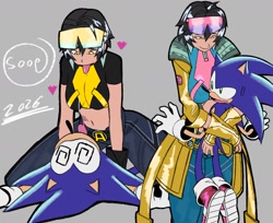 Size: 1976x1611 | Tagged: suggestive, artist:superguy551, sonic the hedgehog, human, 2026, breasts, crossover, crossover shipping, duo, female, grey background, heart, hugging, jubilation lee, looking at them, lying down, male, marvel, marvel rivals, mouth open, shipping, simple background, sitting on them, smile, straight, tongue out