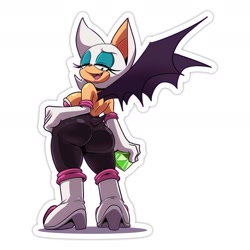 Size: 1800x1800 | Tagged: safe, artist:corythec, artist:corythec_art, rouge the bat, bat, butt, chaos emerald, female, holding something, looking at viewer, looking back, open mouth, solo, sticker, white background