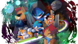 Size: 1280x720 | Tagged: safe, artist:kakashihata, antoine d'coolette, bunnie rabbot, metal sally, metal sonic, miles "tails" prower, sally acorn, sonic the hedgehog, chipmunk, coyote, fox, hedgehog, rabbit, building, crying, death egg, female, group, hugging, male, robot, roboticized, running, sally's vest and boots, skyscraper, space, star (sky), tears