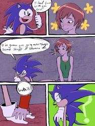 Size: 1536x2048 | Tagged: safe, artist:superguy551, sonic the hedgehog, human, comic:sonic doesn't have a phone, 2026, blushing, chie satonaka, comic, crossover, crossover shipping, duo, english text, eyes closed, female, looking at each other, looking at them, male, mouth open, persona (series), shipping, sitting, smile, speech bubble, straight, thumbs up