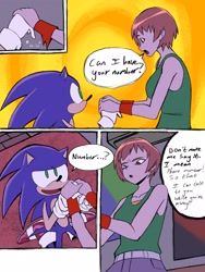 Size: 1536x2048 | Tagged: safe, artist:superguy551, sonic the hedgehog, human, comic:sonic doesn't have a phone, 2026, chie satonaka, comic, crossover, crossover shipping, duo, english text, female, holding hands, indoors, kneeling, looking at each other, looking at them, male, mouth open, one eye closed, persona (series), shipping, speech bubble, straight