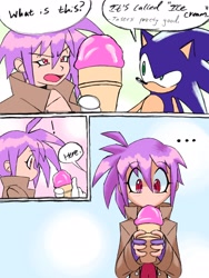 Size: 1536x2048 | Tagged: safe, artist:superguy551, sonic the hedgehog, human, ..., 2026, comic, crossover, crossover shipping, darkstalkers, duo, eating, english text, eye clipping through hair, eyebrow clipping through hair, food, holding something, ice cream, ice cream cone, lilith (darkstalkers), shipping, straight