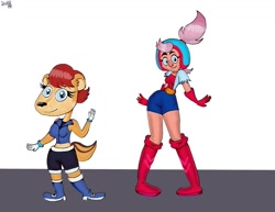 Size: 1280x989 | Tagged: safe, artist:lubamatusevich, sally acorn, chipmunk, boots, brawl stars, crossover, digital art, duo female, female, helmet, janet (brawl stars), mobian, procreate, shoes, shorts, sneakers