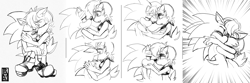 Size: 8400x2800 | Tagged: safe, artist:roseduelistbbshm, sally acorn, sonic the hedgehog, chipmunk, hedgehog, 2022, alternate version, comforting, comic, duo, female, hands on another's cheek, hugging, kiss, looking at each other, male, no dialogue, sally x sonic, shipping, sitting, straight