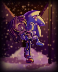 Size: 1161x1441 | Tagged: safe, artist:angier3741, sally acorn, sonic the hedgehog, chipmunk, hedgehog, 2012, building, carrying them, christmas, duo, eyes closed, female, happy, male, nighttime, open mouth, open smile, sally x sonic, sally's ringblader outfit, shipping, smile, snow, snowing, straight, tears, tears of happiness, walking, winter