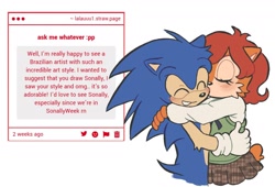 Size: 1600x1090 | Tagged: safe, artist:lalauloopsie, sally acorn, sonic the hedgehog, chipmunk, hedgehog, 2026, alternate outfit, blushing, clothes, dress, duo, eyes closed, female, grin, hugging, kiss, kiss on cheek, male, sally x sonic, shipping, simple background, smile, straight, straw.page, white background