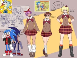 Size: 1992x1500 | Tagged: safe, artist:superguy551, nicky, sonic the hedgehog, human, 2026, crossover, darkstalkers, female, glasses, group, hands on hips, heather mason, japanese text, lilith (darkstalkers), looking at viewer, male, mouth open, rebecca chambers, reference inset, resident evil, school uniform, self paradox, silent hill, skirt, smile, sonic the hedgehog (shogakukan), standing