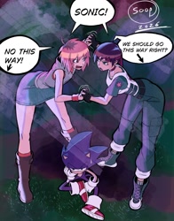 Size: 1174x1500 | Tagged: safe, artist:superguy551, sonic the hedgehog, human, 2026, argument, crossover, english text, female, grass, head rest, heather mason, holding hands, lidded eyes, looking at each other, looking at them, male, rebecca chambers, resident evil, silent hill, sitting, speech bubble, standing, trio