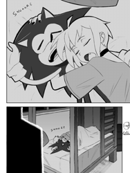 Size: 1125x1500 | Tagged: safe, artist:superguy551, sonic the hedgehog, human, 2026, bed, comic, crossover, crossover shipping, darkstalkers, duo, english text, eyes closed, female, greyscale, hand on another's head, indoors, lilith (darkstalkers), lying down, male, monochrome, mouth open, shipping, sleeping, straight, under covers