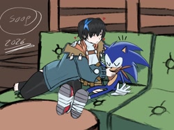 Size: 2048x1536 | Tagged: safe, artist:superguy551, sonic the hedgehog, human, 2026, character request, couch, crossover, crossover shipping, duo, eyes closed, female, hand on another's shoulder, heart, indoors, looking at them, male, mouth open, shipping, sitting, smile, sonic boom, straight, table