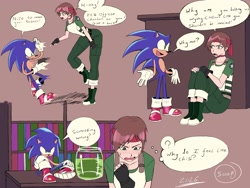 Size: 2933x2200 | Tagged: safe, artist:superguy551, sonic the hedgehog, human, 2026, crossover, crossover shipping, duo, english text, female, looking at each other, looking at them, male, mouth open, rebecca chambers, resident evil, shipping, sitting, smile, speech bubble, standing, straight, thought bubble