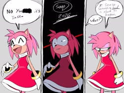 Size: 2048x1536 | Tagged: safe, artist:superguy551, amy rose, hedgehog, 2026, clothes, comic, dress, english text, eyes closed, female, grey background, lidded eyes, mouth open, smile, solo, speech bubble, standing