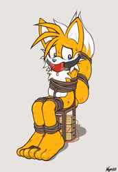 Size: 419x610 | Tagged: safe, artist:vagabondwolves, miles "tails" prower, fox, 2022, ball gag, barefoot, battery, bondage, chair, chubby, flat colors, gagged, grey background, looking down, male, rope, saliva, scuff mark, signature, simple background, sitting, solo, sweat, sweatdrop, tied up, wire