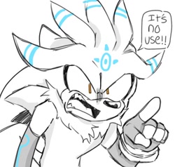 Size: 540x514 | Tagged: safe, artist:danimatez, silver the hedgehog, hedgehog, 2023, angry, arm sleeves, english text, fingerless gloves, fur markings, grey background, it's no use, male, meme, monochrome, mouth open, neck fluff, pointing, simple background, solo, speech bubble, spot color, talking, text